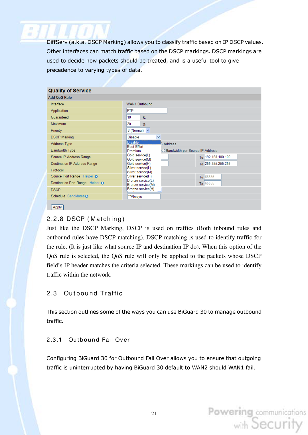 Billion Electric Company 30 user manual DSCP Matching, Outbound Traffic, Outbound Fail Over 