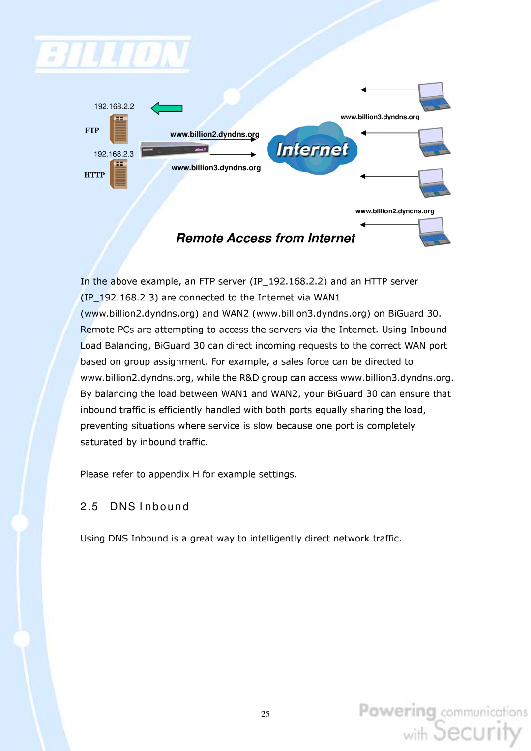 Billion Electric Company 30 user manual Remote Access from Internet, DNS Inbound, Http 