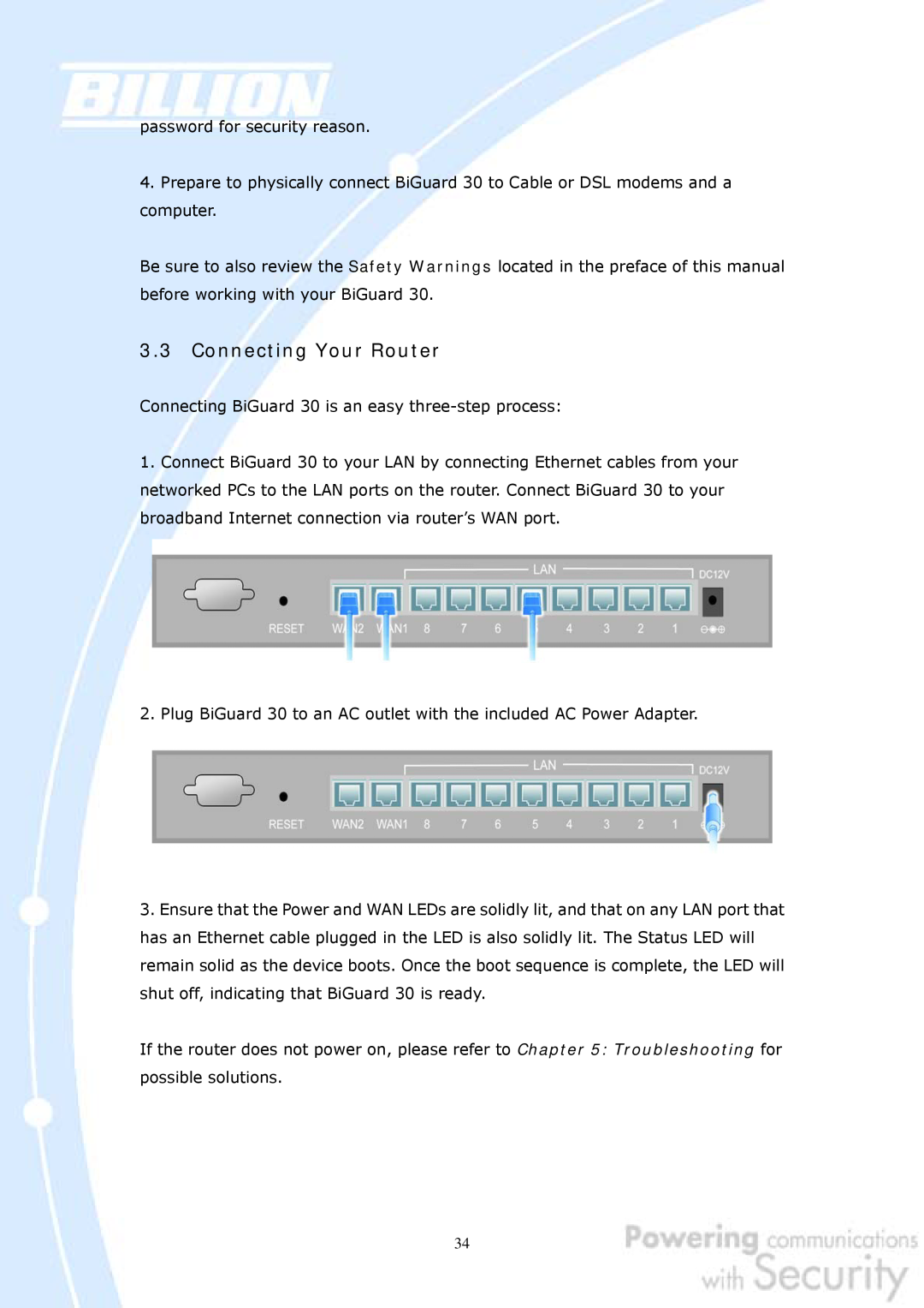 Billion Electric Company 30 user manual Connecting Your Router 