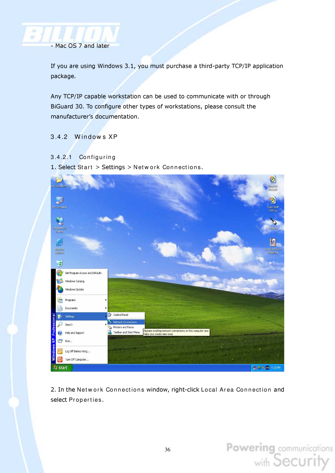 Billion Electric Company 30 user manual Windows XP, Configuring 1. Select Start Settings Network Connections 