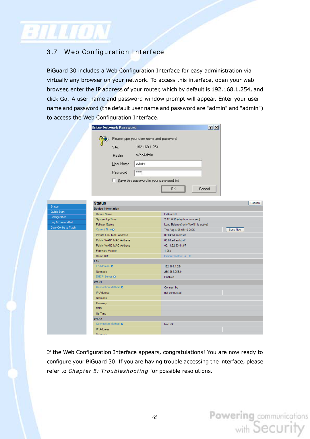 Billion Electric Company 30 user manual Web Configuration Interface 