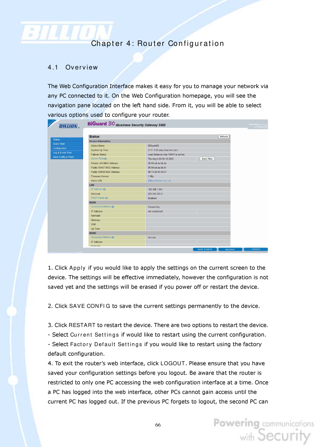 Billion Electric Company 30 user manual Overview, Router Configuration 