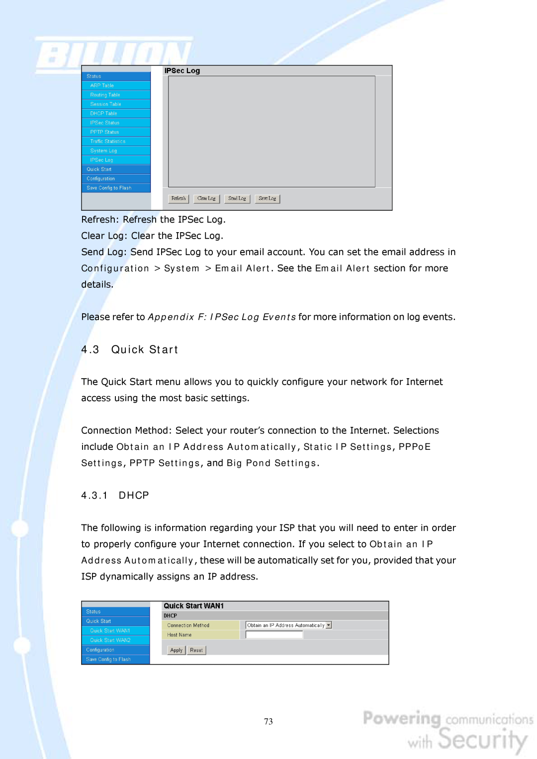 Billion Electric Company 30 user manual Quick Start, Dhcp 