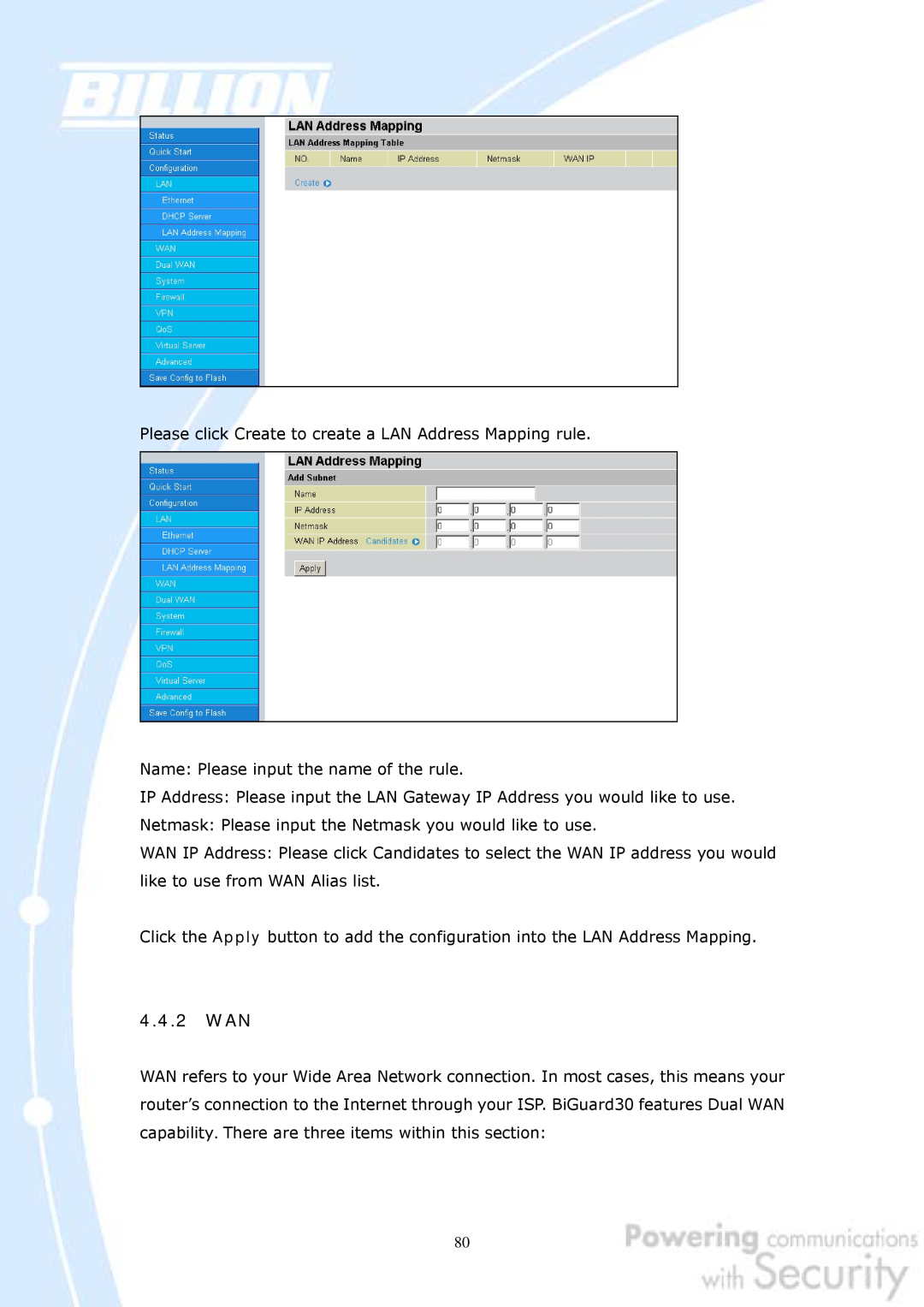 Billion Electric Company 30 user manual Please click Create to create a LAN Address Mapping rule 