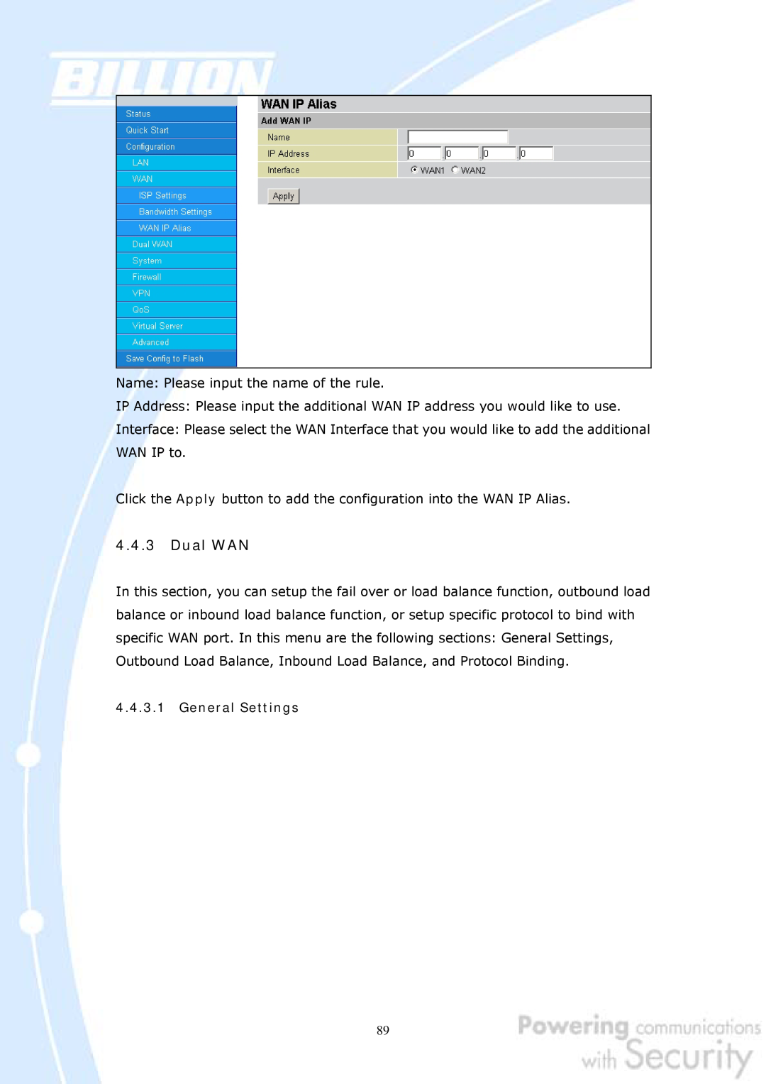 Billion Electric Company 30 user manual Dual WAN, General Settings 