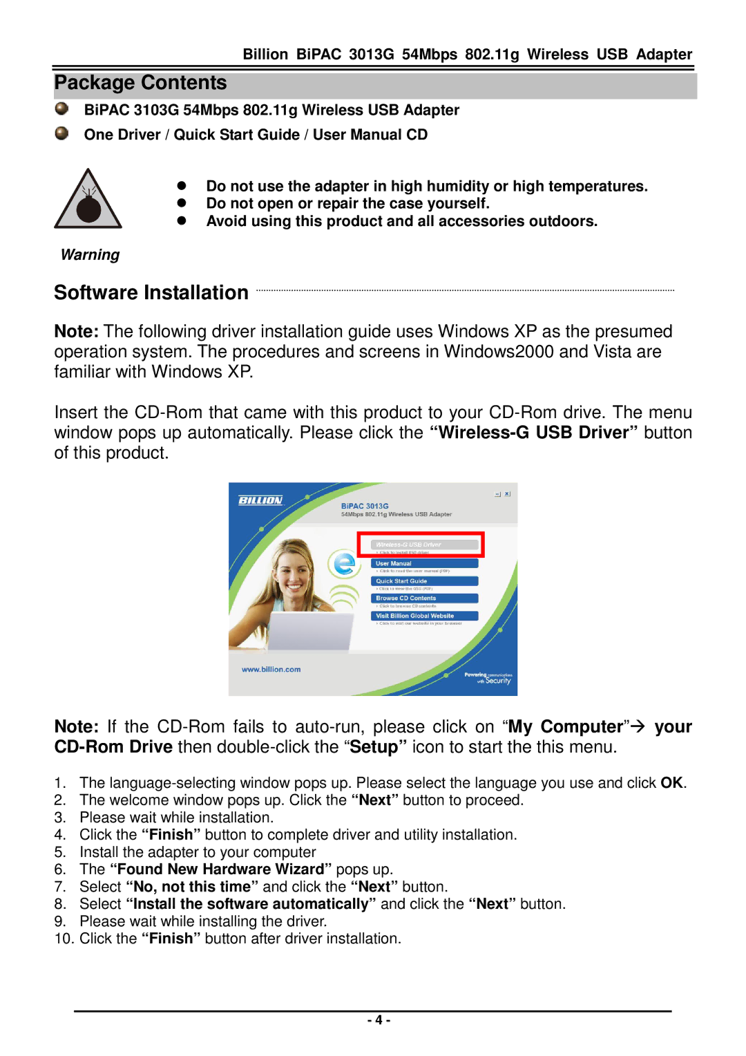 Billion Electric Company 3013G quick start Package Contents, Software Installation 