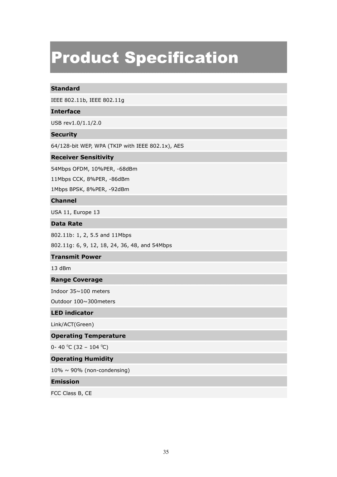 Billion Electric Company 3013G user manual Product Specification 