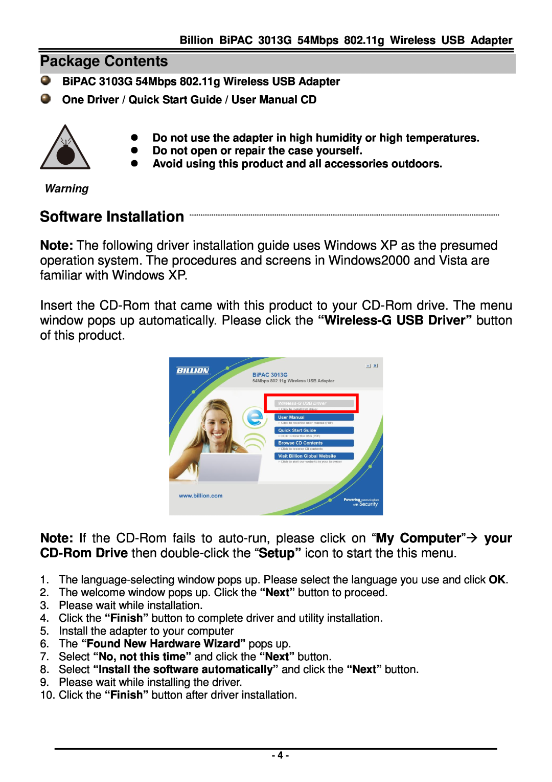 Billion Electric Company 3013G quick start Package Contents, Software Installation 