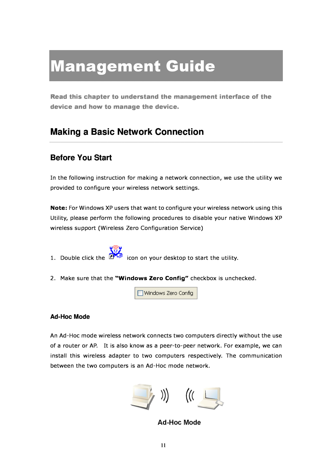 Billion Electric Company 3013G Management Guide, Making a Basic Network Connection, Before You Start, Ad-Hoc Mode 