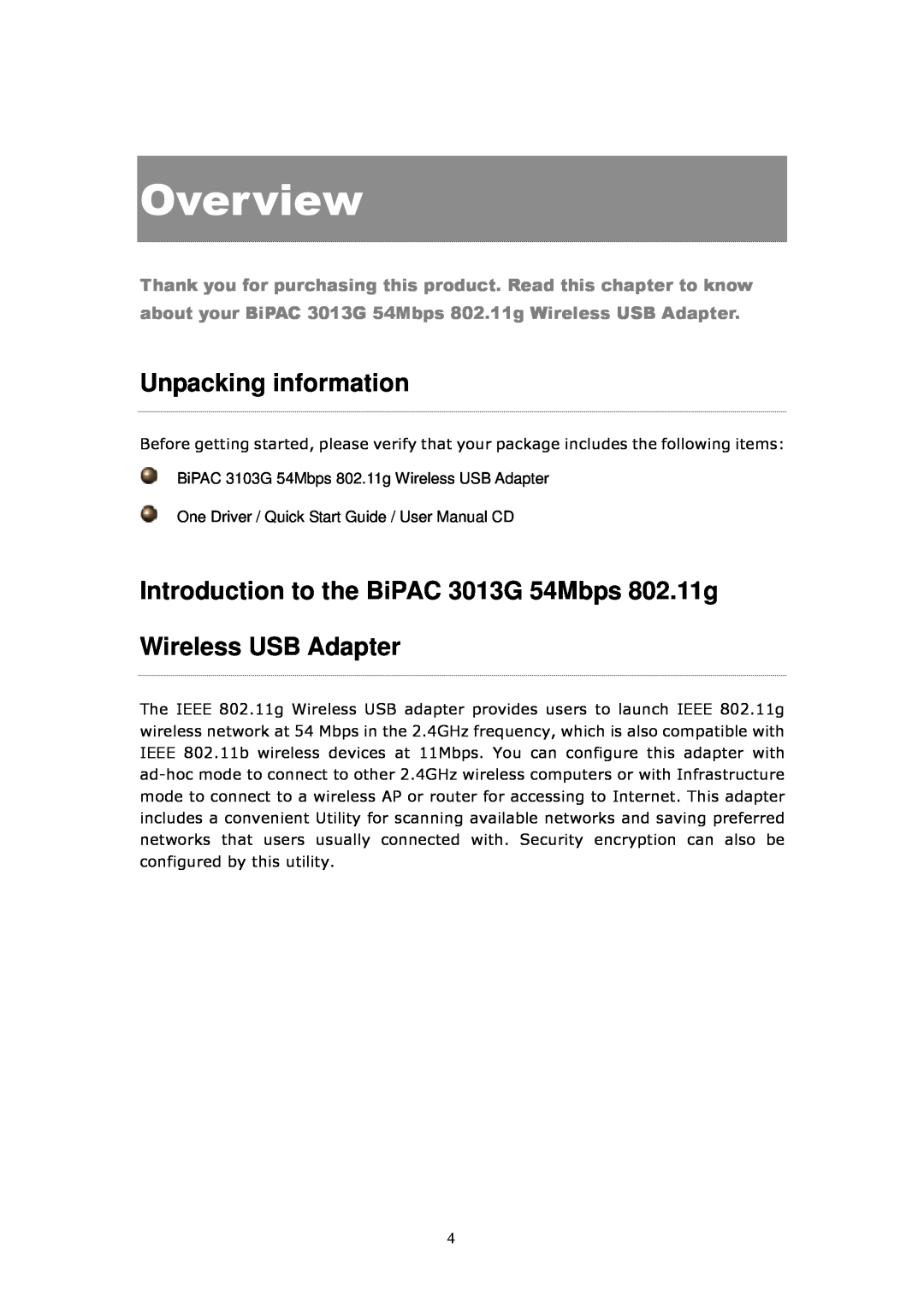 Billion Electric Company Overview, Unpacking information, about your BiPAC 3013G 54Mbps 802.11g Wireless USB Adapter 