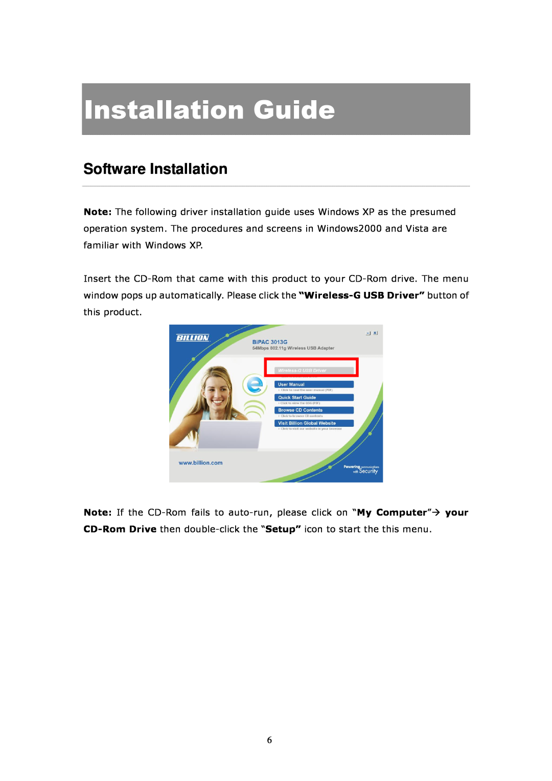 Billion Electric Company 3013G user manual Installation Guide, Software Installation 