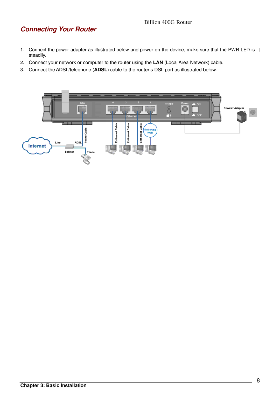 Billion Electric Company 400G manual Connecting Your Router 