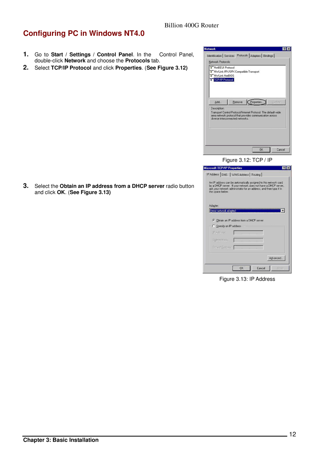 Billion Electric Company 400G manual Go to Start / Settings / Control Panel. In the Control Panel 