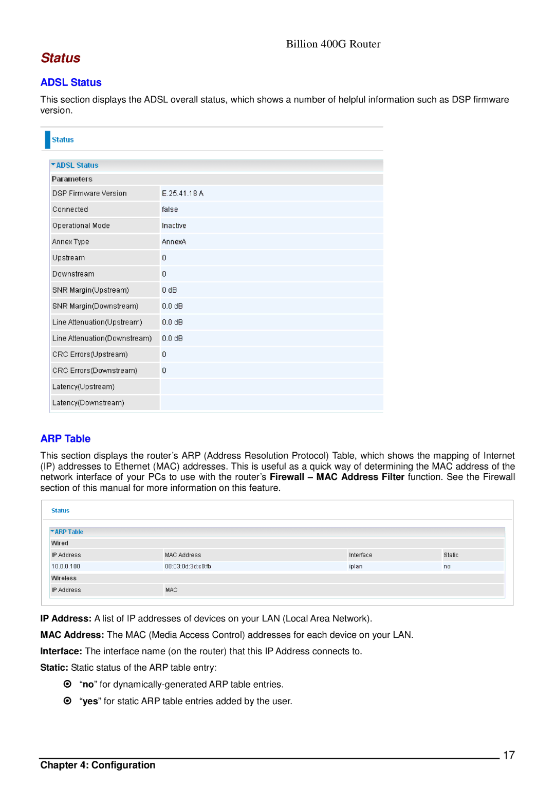 Billion Electric Company 400G manual Adsl Status, ARP Table 