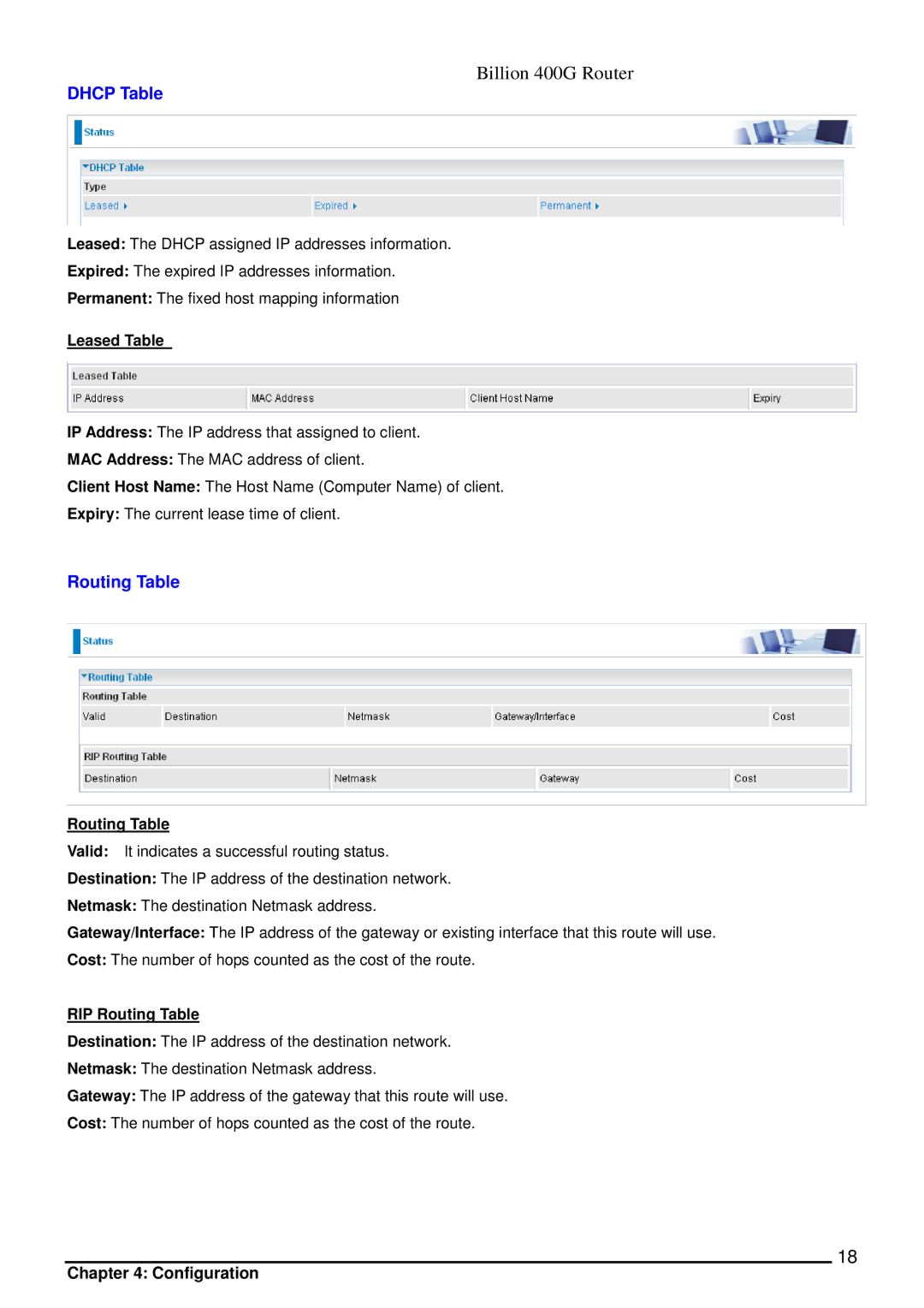 Billion Electric Company 400G manual Dhcp Table, Leased Table, RIP Routing Table 