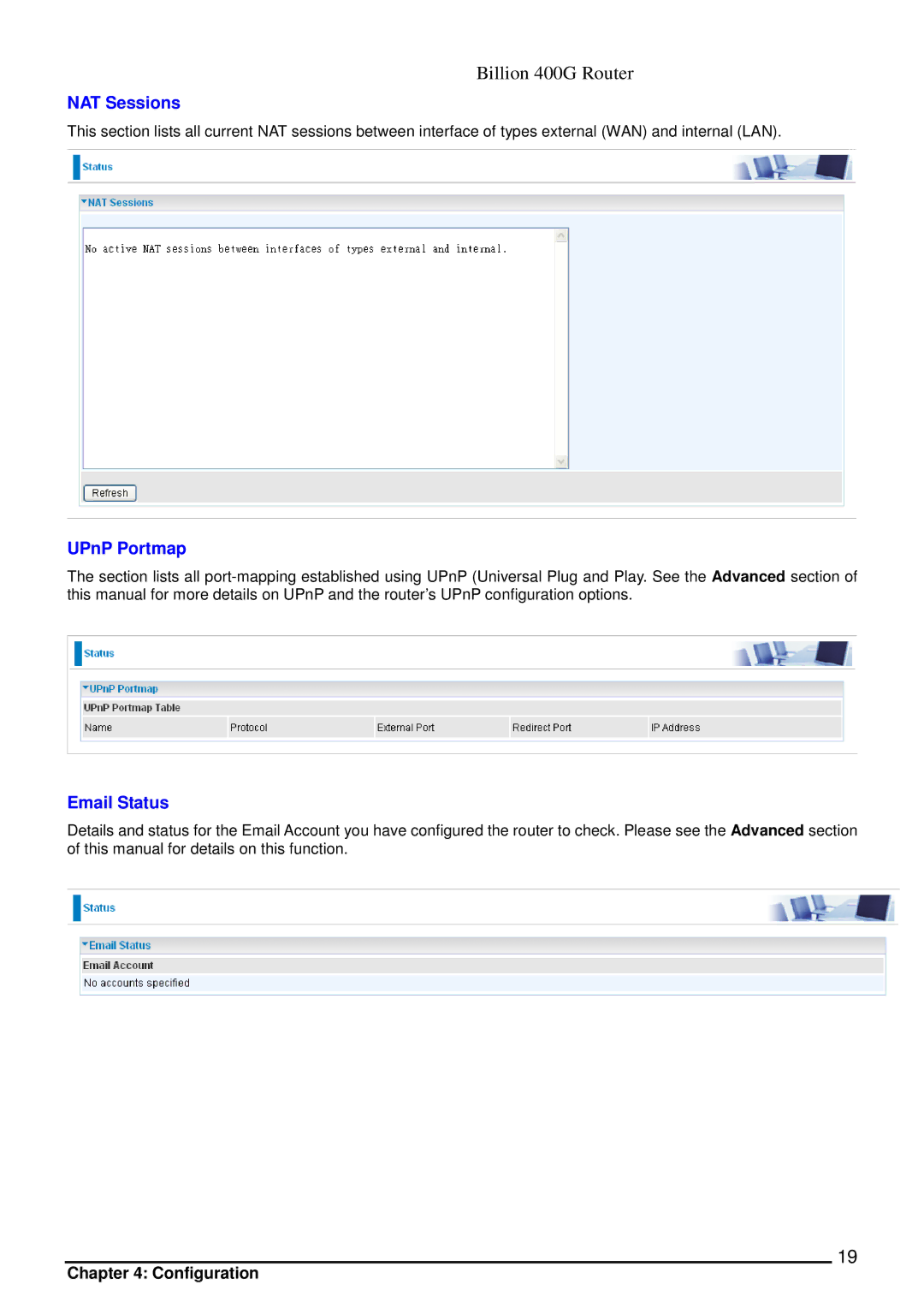 Billion Electric Company 400G manual NAT Sessions, UPnP Portmap, Email Status 