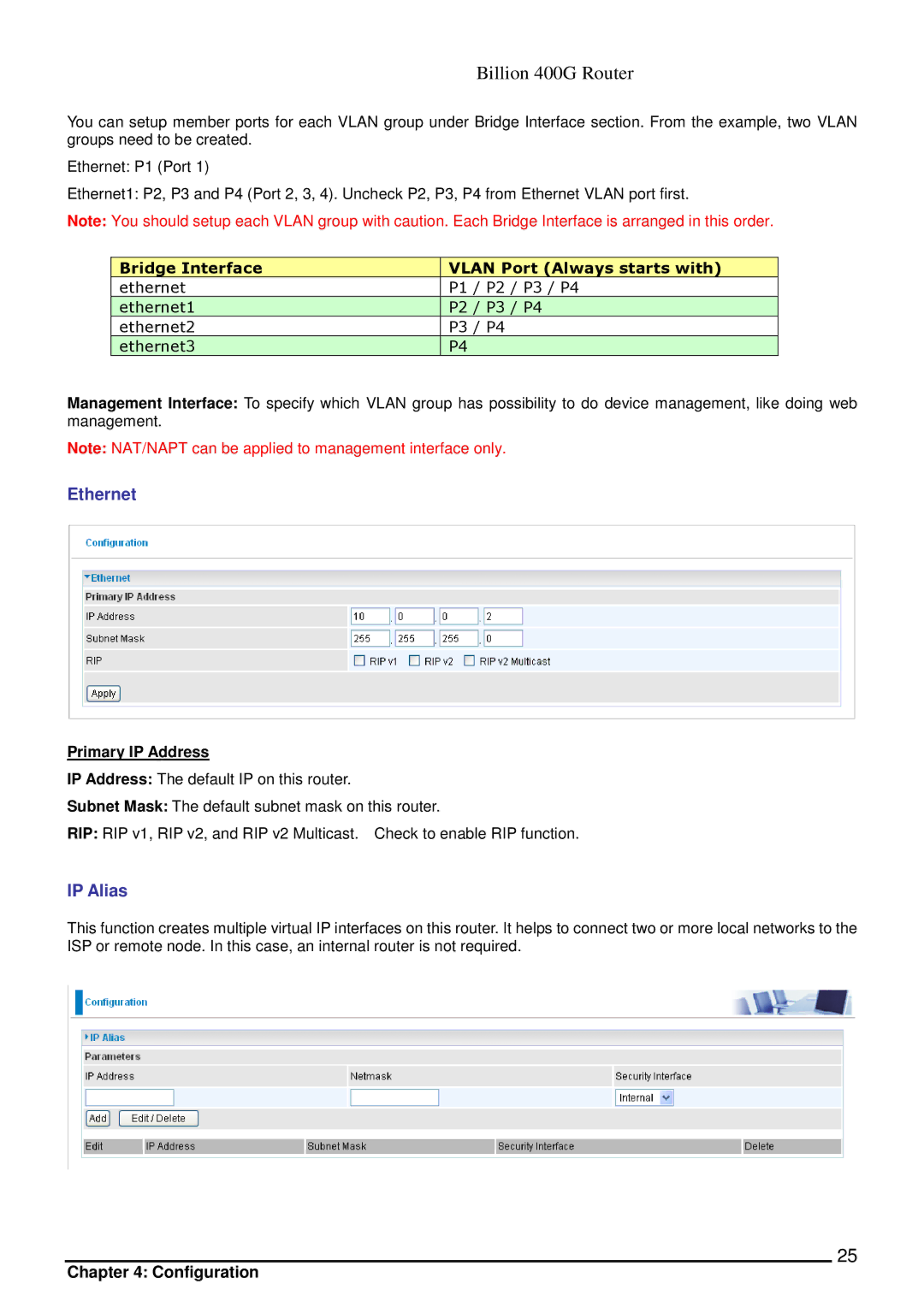 Billion Electric Company 400G manual Ethernet, IP Alias, Primary IP Address 