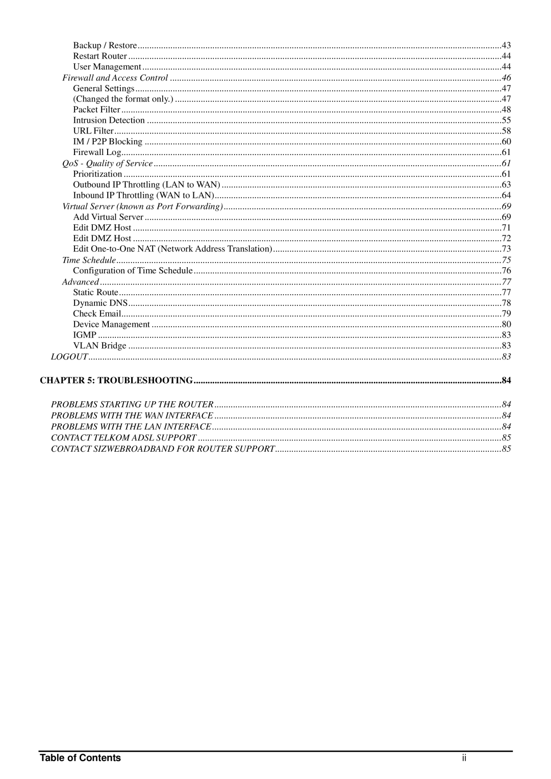 Billion Electric Company 400G manual Table of Contents 