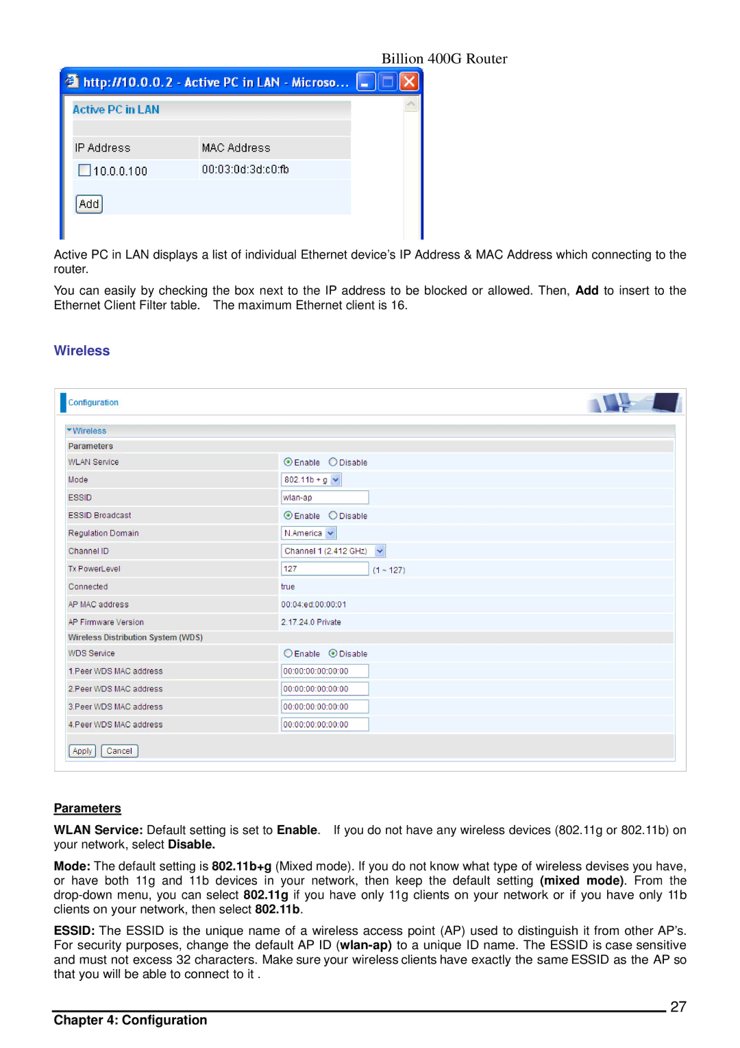 Billion Electric Company 400G manual Wireless, Parameters 