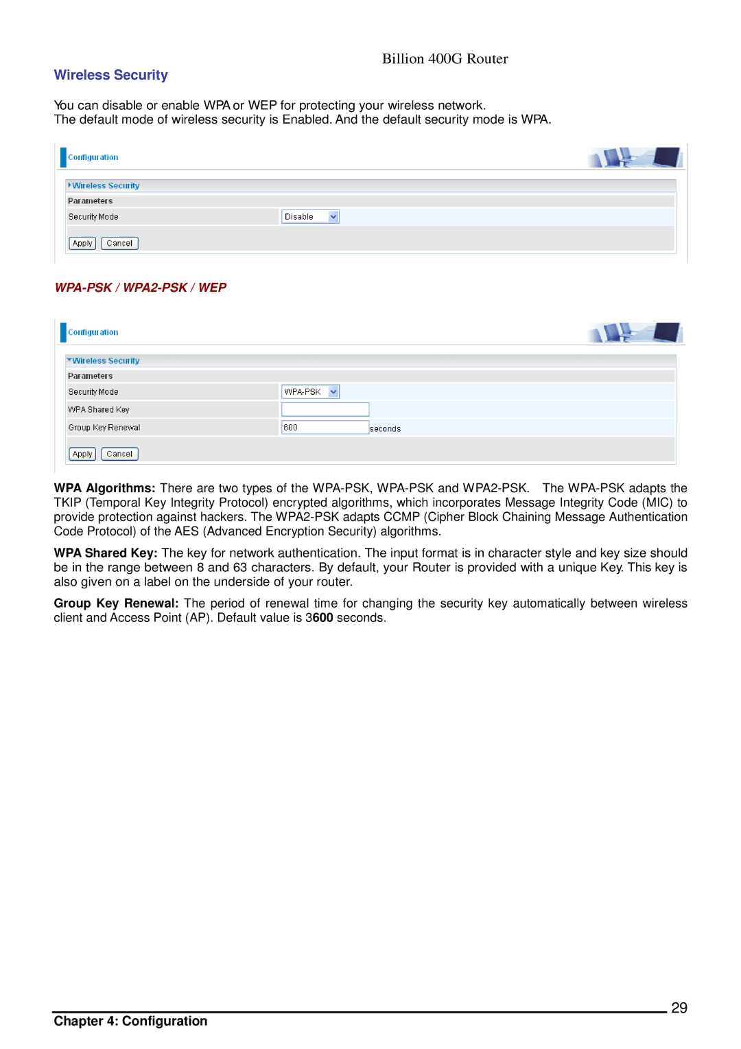 Billion Electric Company 400G manual Wireless Security, WPA-PSK / WPA2-PSK / WEP 