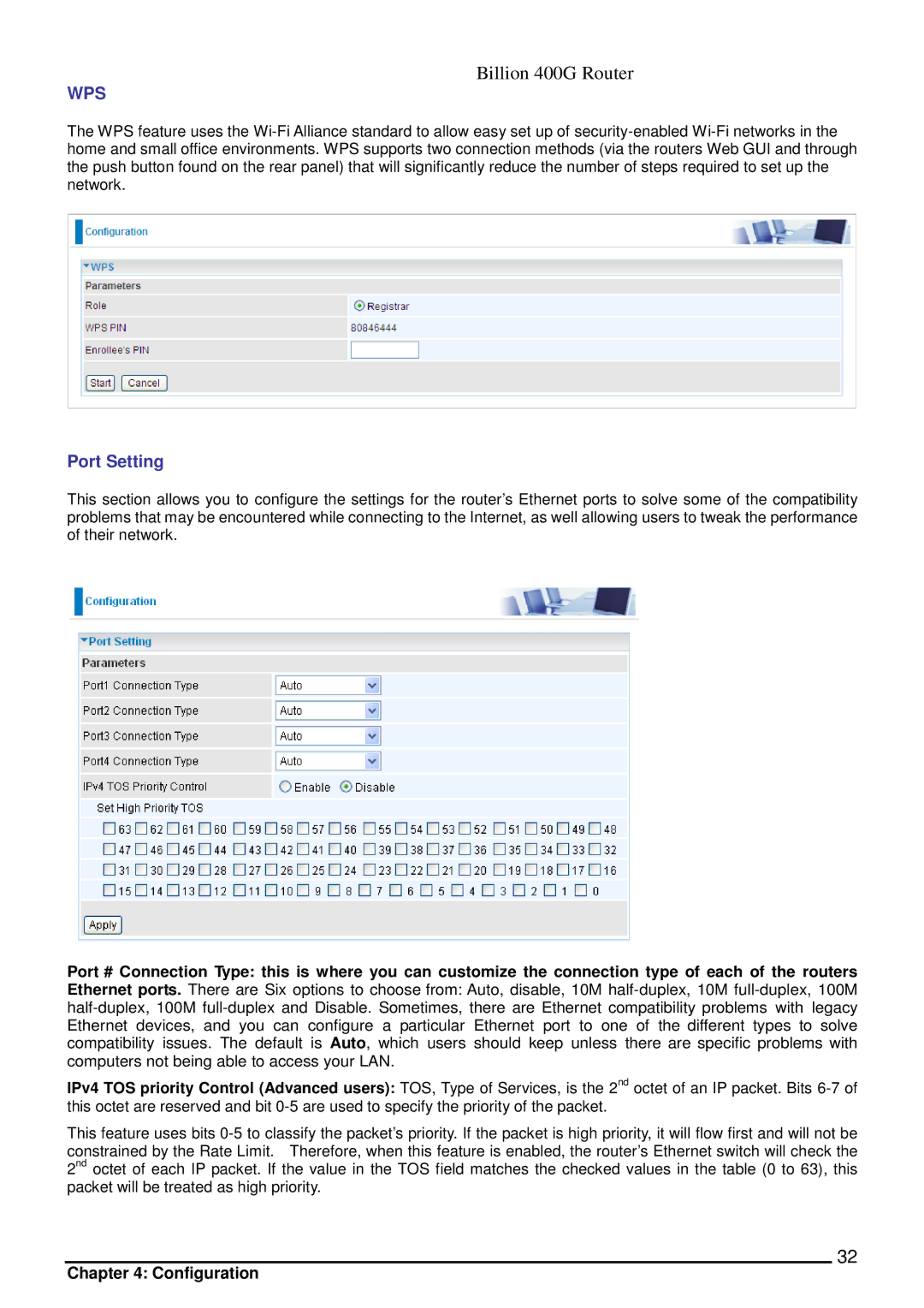 Billion Electric Company 400G manual Wps, Port Setting 