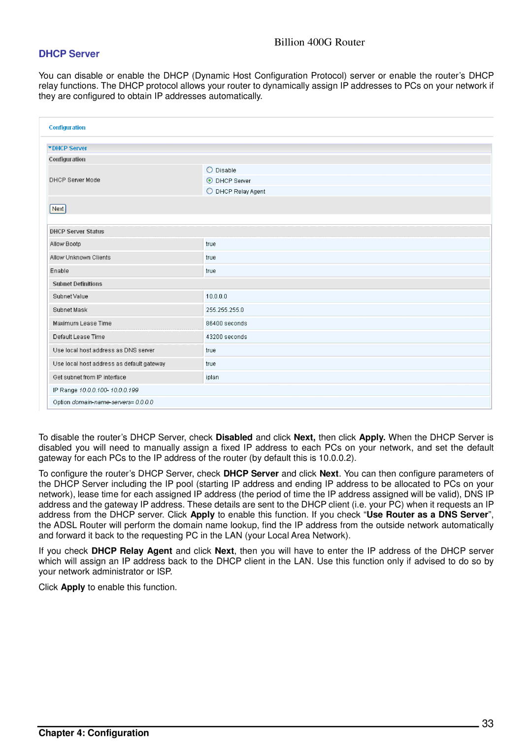 Billion Electric Company 400G manual Dhcp Server 