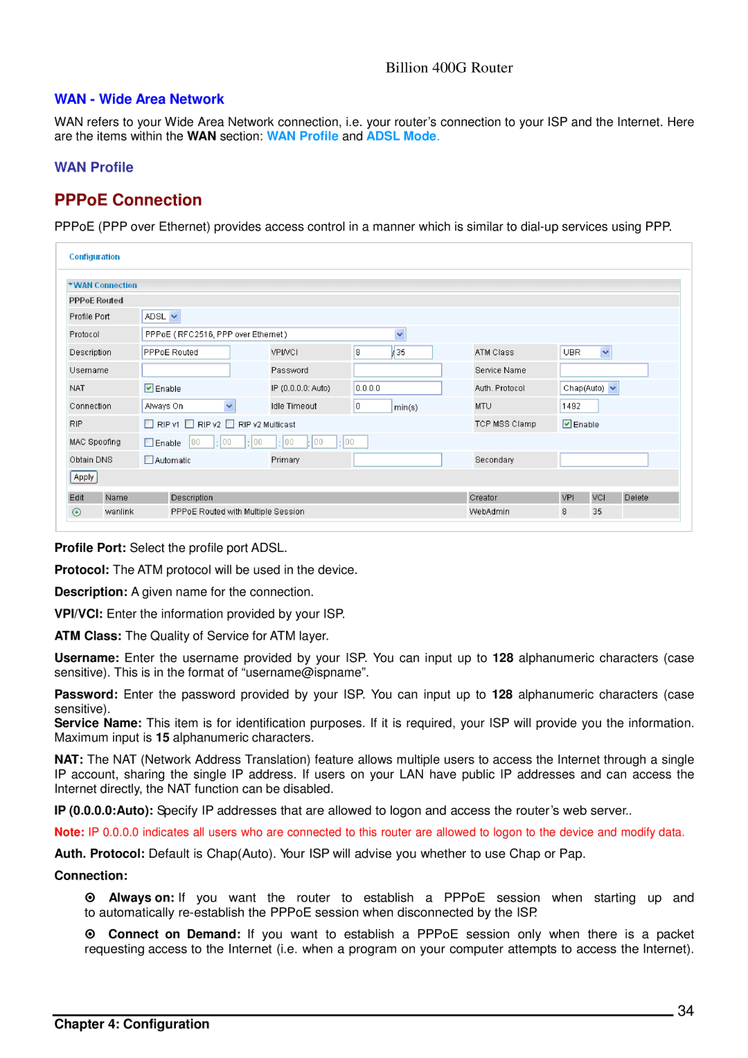 Billion Electric Company 400G manual WAN Wide Area Network, WAN Profile, Connection 