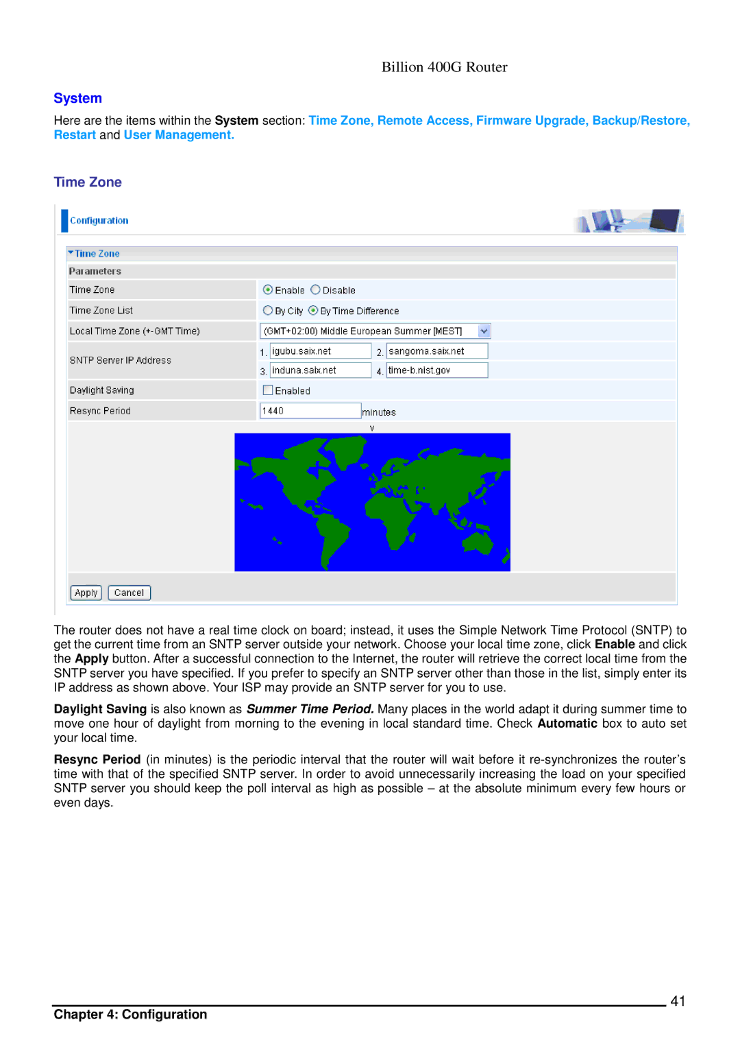 Billion Electric Company 400G manual System, Time Zone 