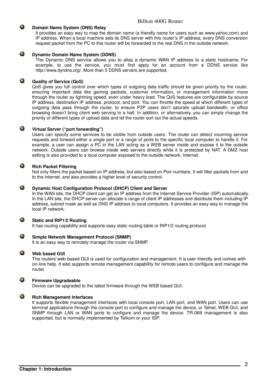 Billion Electric Company 400G manual Virtual Server port forwarding, Rich Packet Filtering, Static and RIP1/2 Routing 