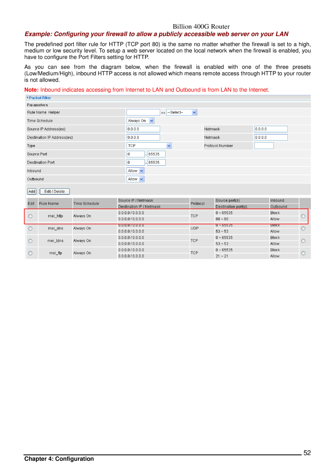 Billion Electric Company manual Billion 400G Router 