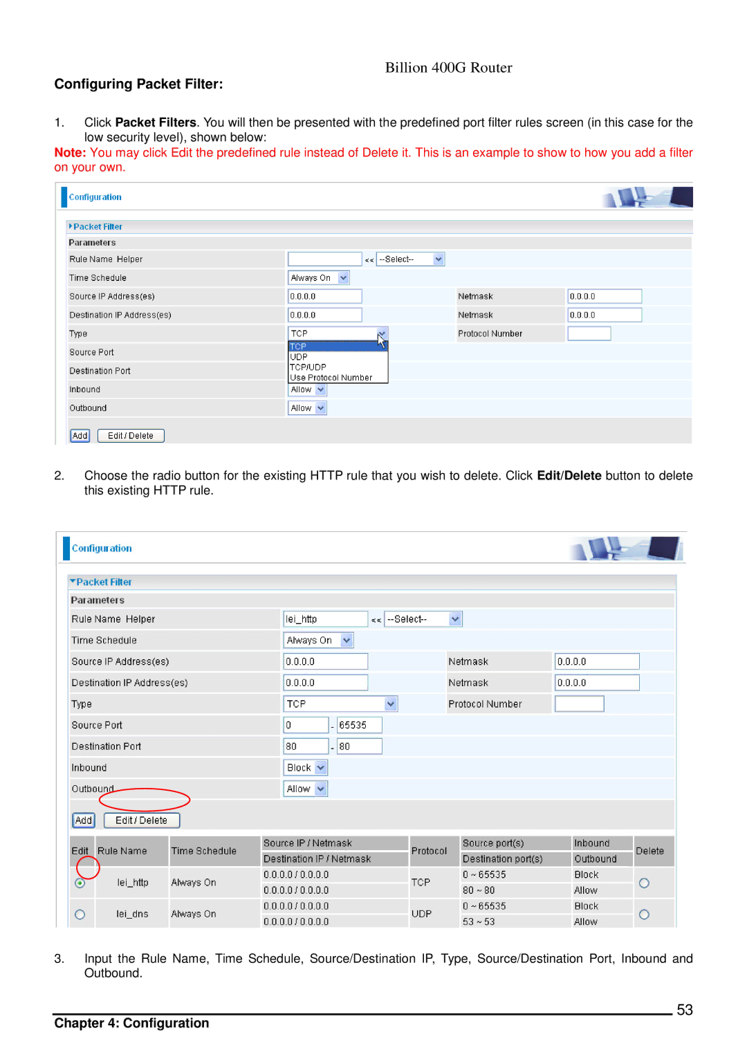 Billion Electric Company 400G manual Configuring Packet Filter 