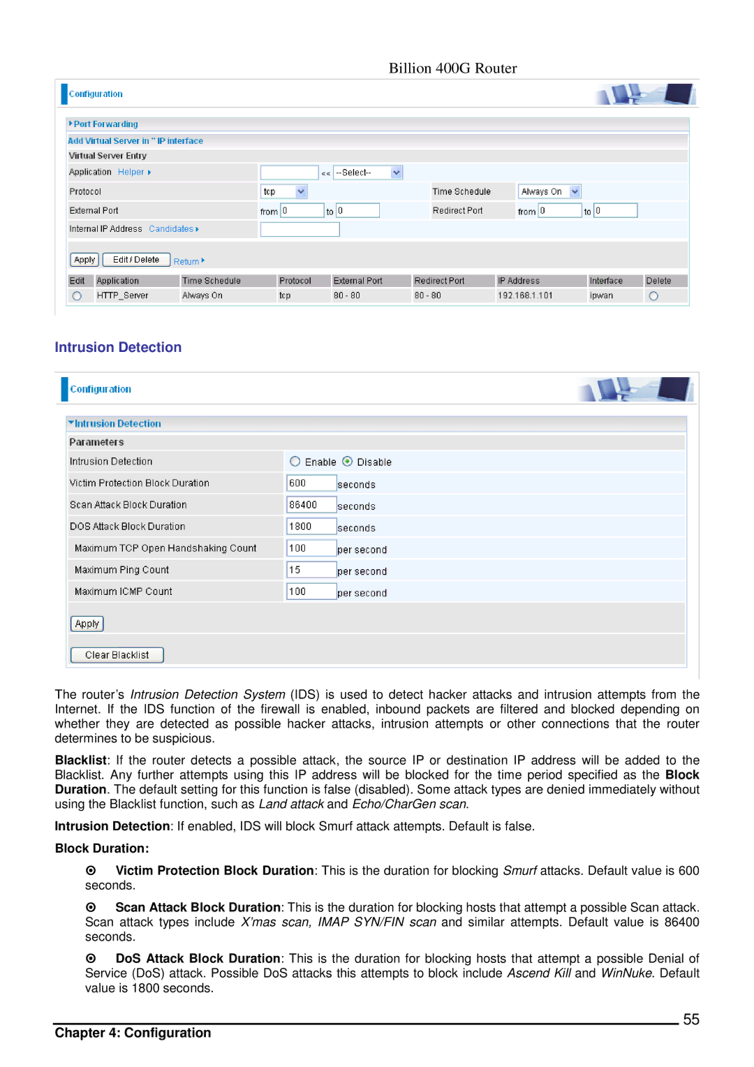 Billion Electric Company 400G manual Intrusion Detection, Block Duration 