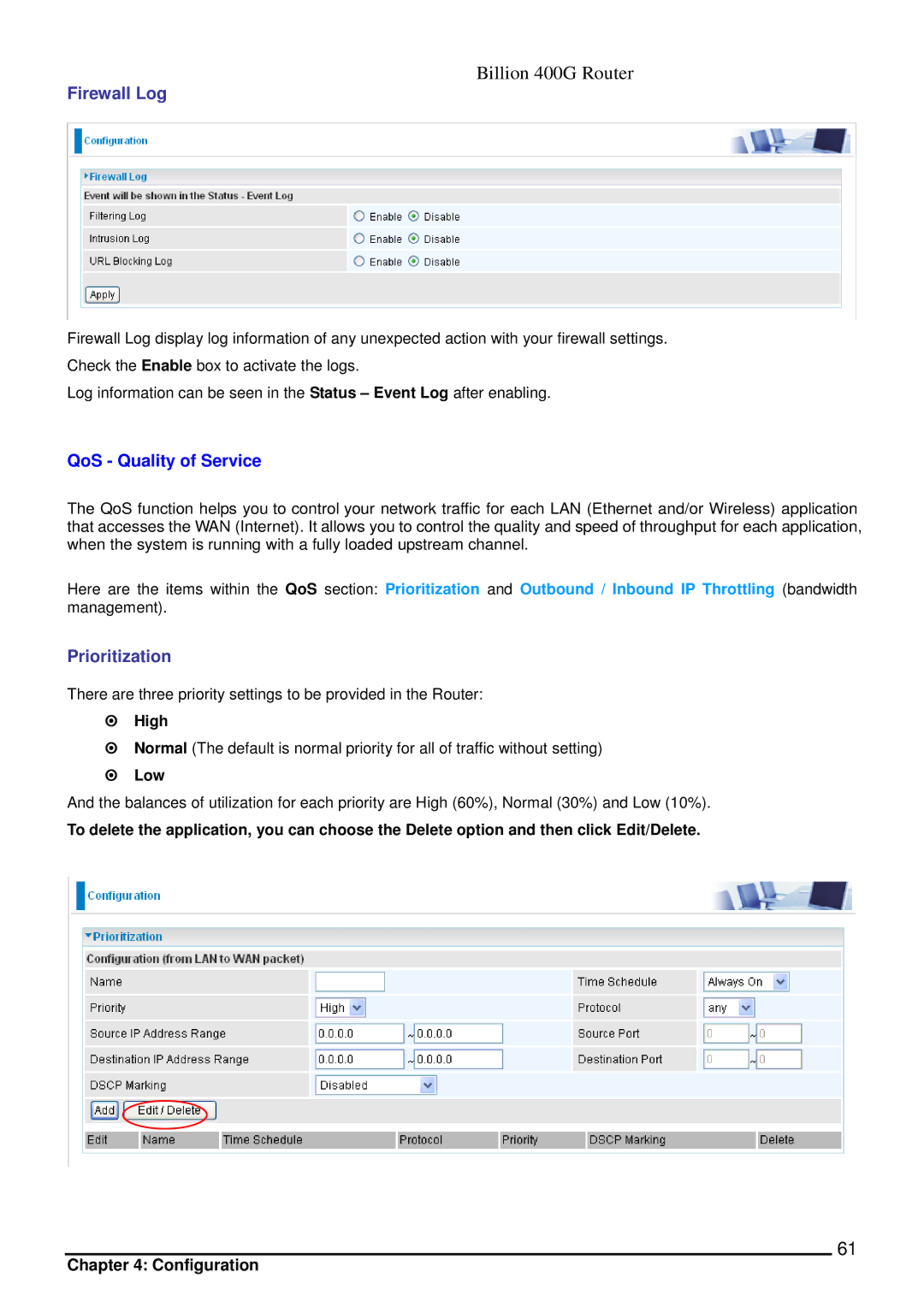 Billion Electric Company 400G manual Firewall Log, QoS Quality of Service, Prioritization, High, Low 