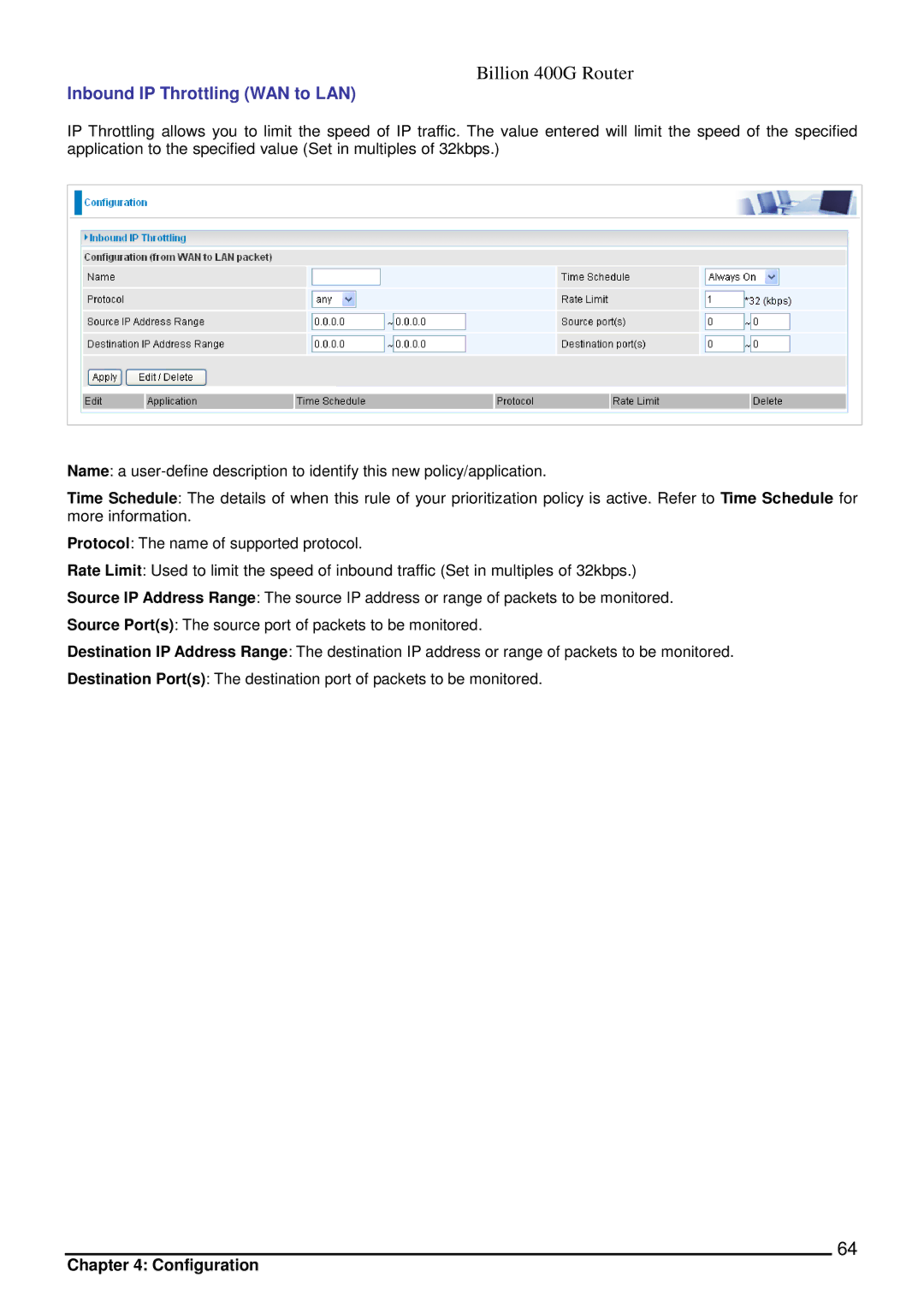 Billion Electric Company 400G manual Inbound IP Throttling WAN to LAN 