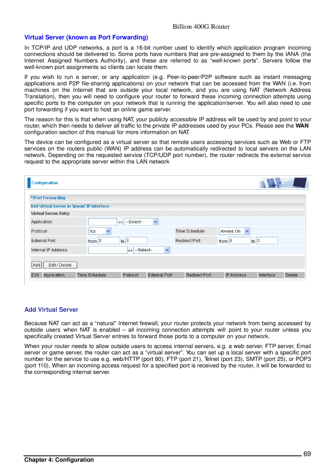 Billion Electric Company 400G manual Virtual Server known as Port Forwarding, Add Virtual Server 