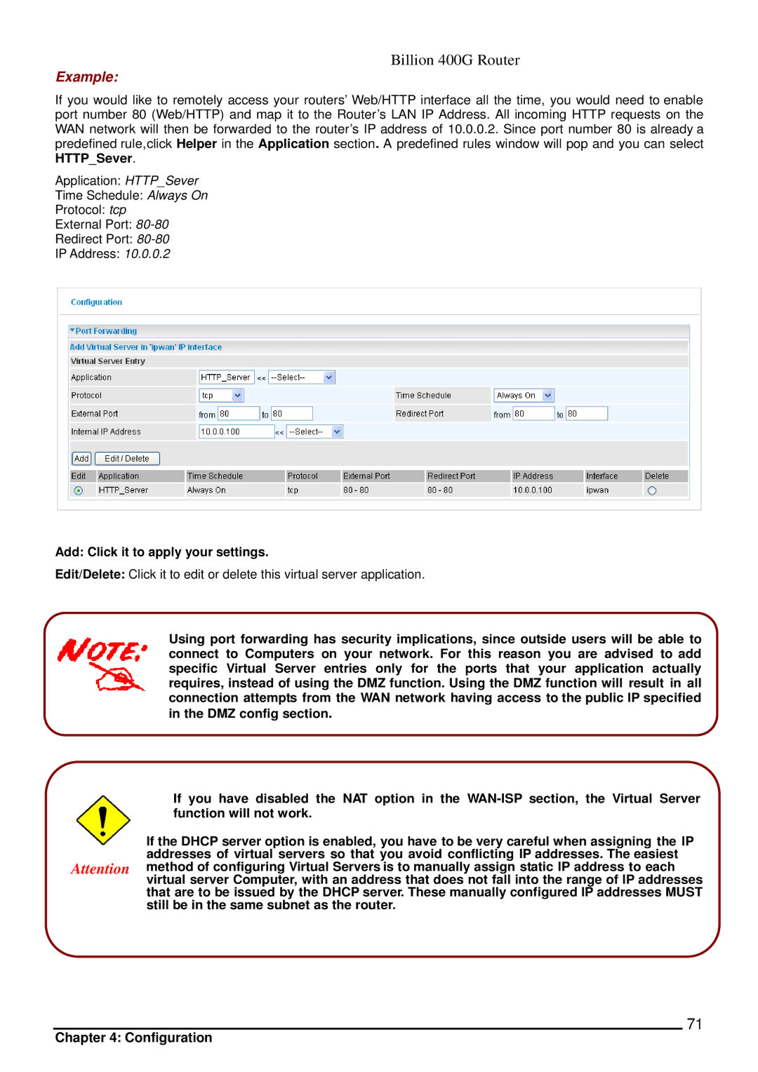 Billion Electric Company 400G manual Example, Add Click it to apply your settings 