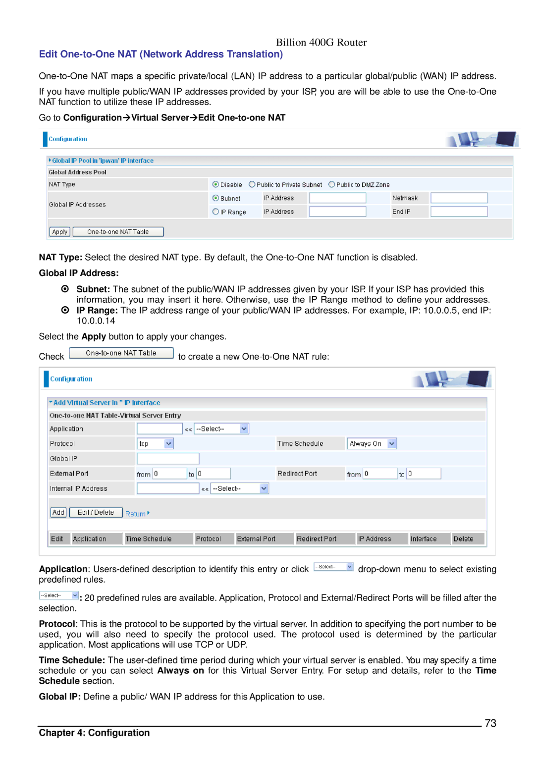 Billion Electric Company 400G manual Edit One-to-One NAT Network Address Translation, Global IP Address 