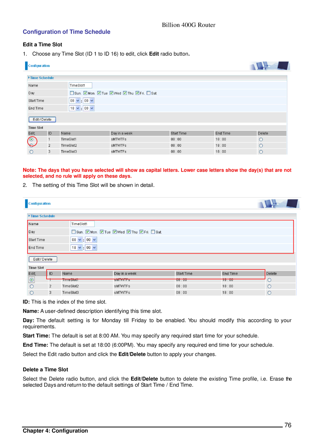 Billion Electric Company 400G manual Configuration of Time Schedule, Edit a Time Slot, Delete a Time Slot 