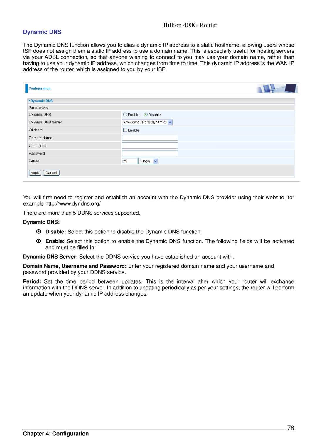 Billion Electric Company 400G manual Dynamic DNS 