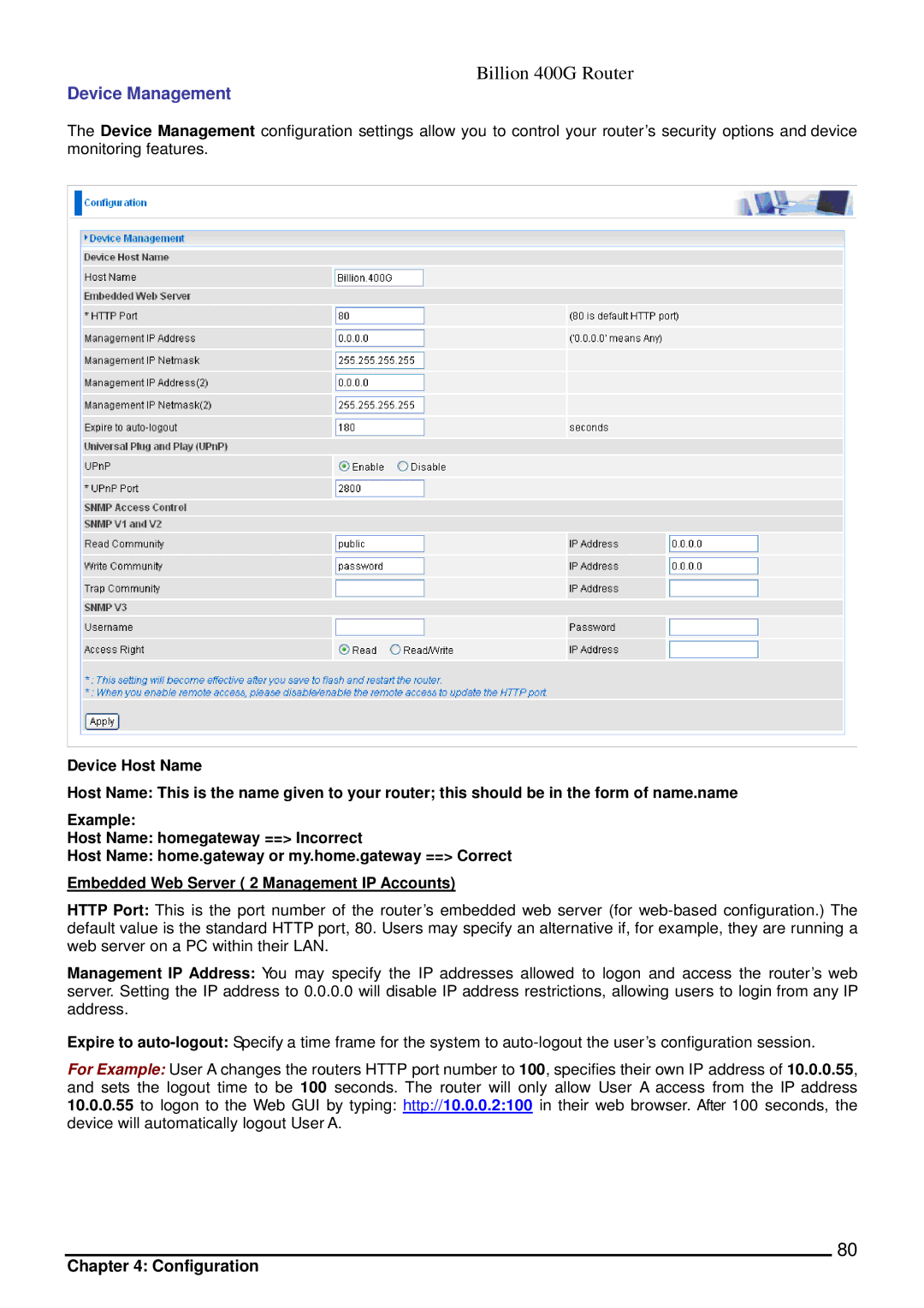 Billion Electric Company 400G manual Device Management 