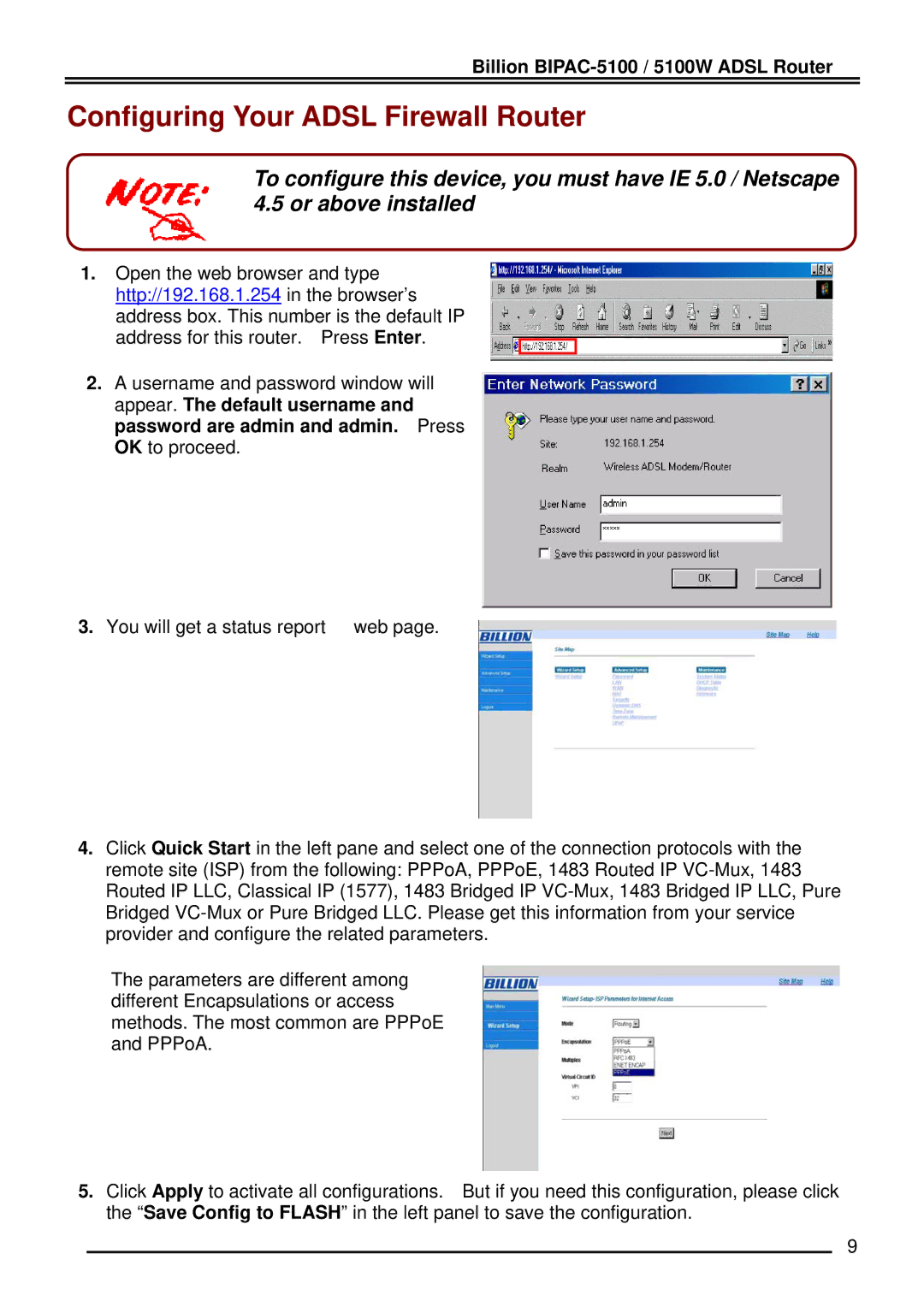 Billion Electric Company 5100W quick start Configuring Your Adsl Firewall Router 