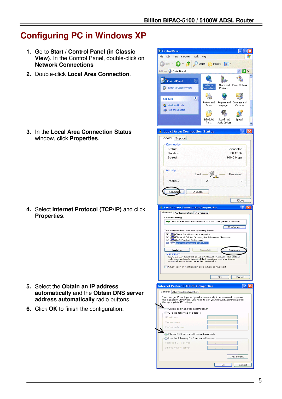 Billion Electric Company 5100W quick start Configuring PC in Windows XP 