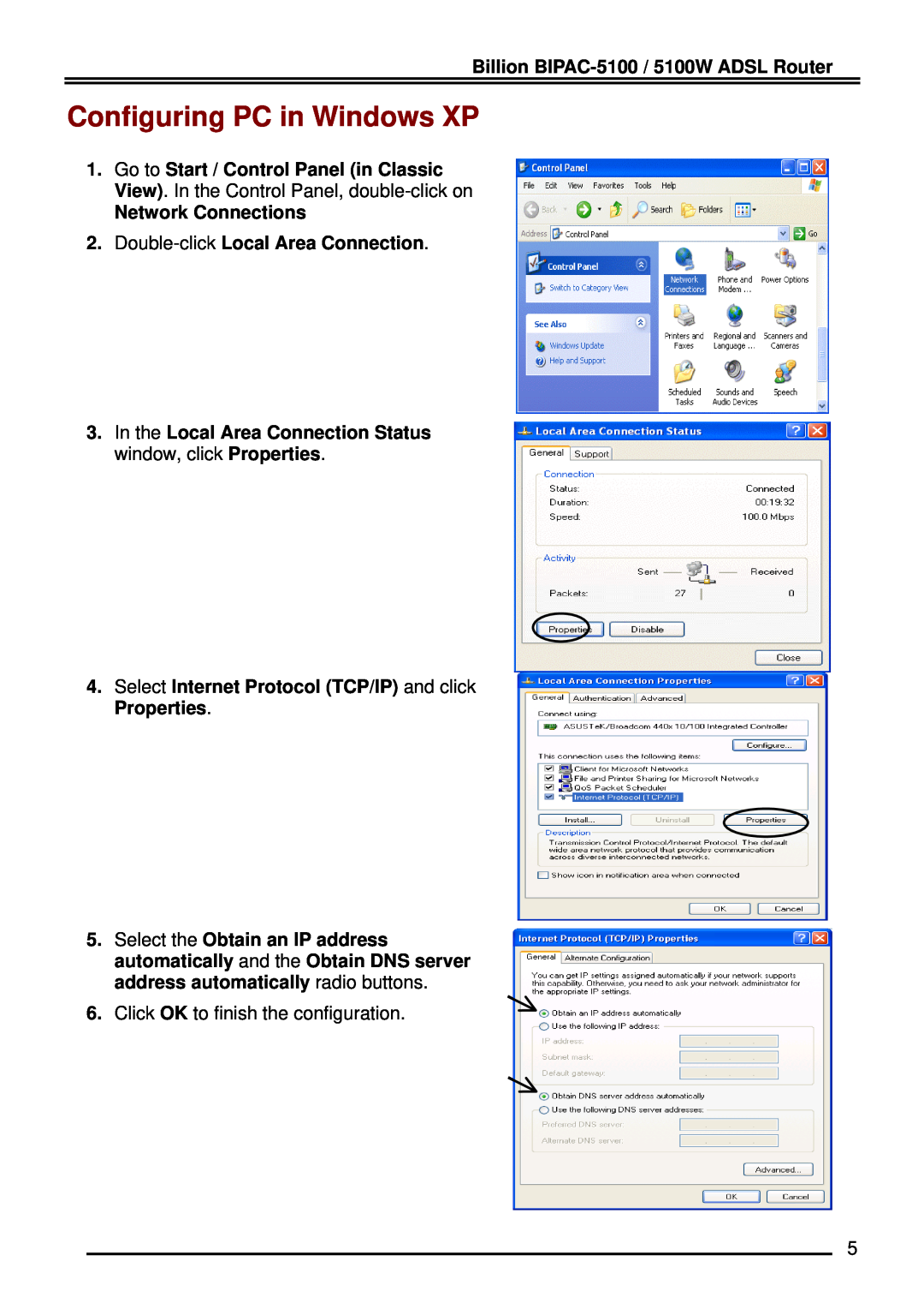 Billion Electric Company 5100W Configuring PC in Windows XP, In the Local Area Connection Status window, click Properties 