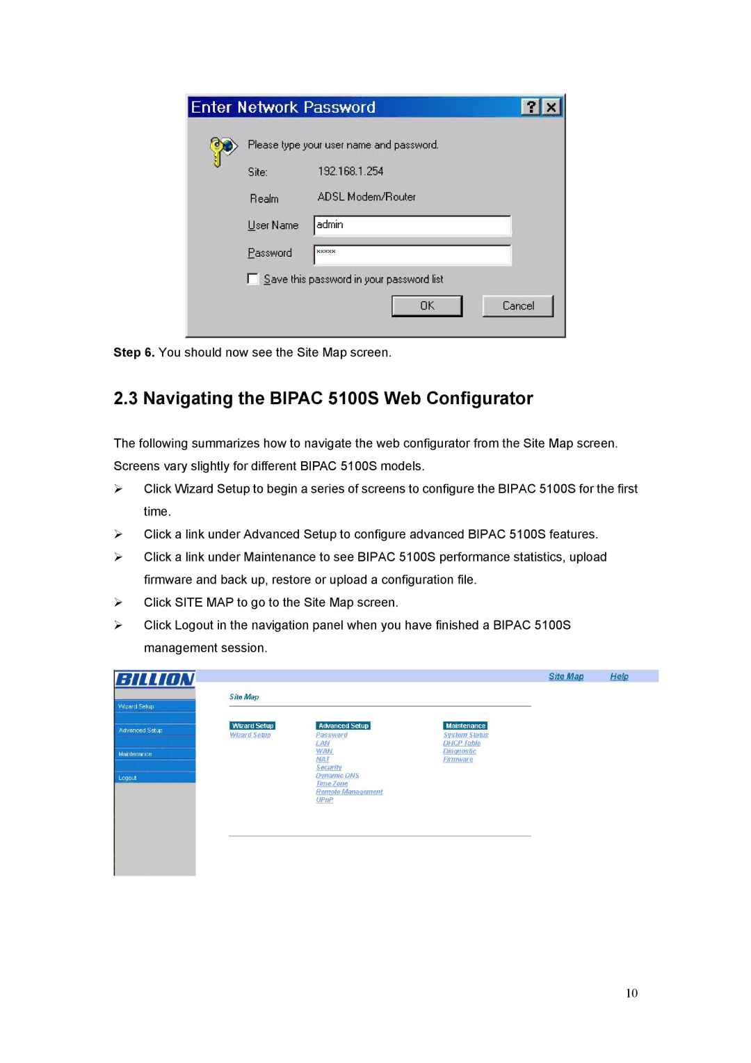 Billion Electric Company user manual Navigating the Bipac 5100S Web Configurator 