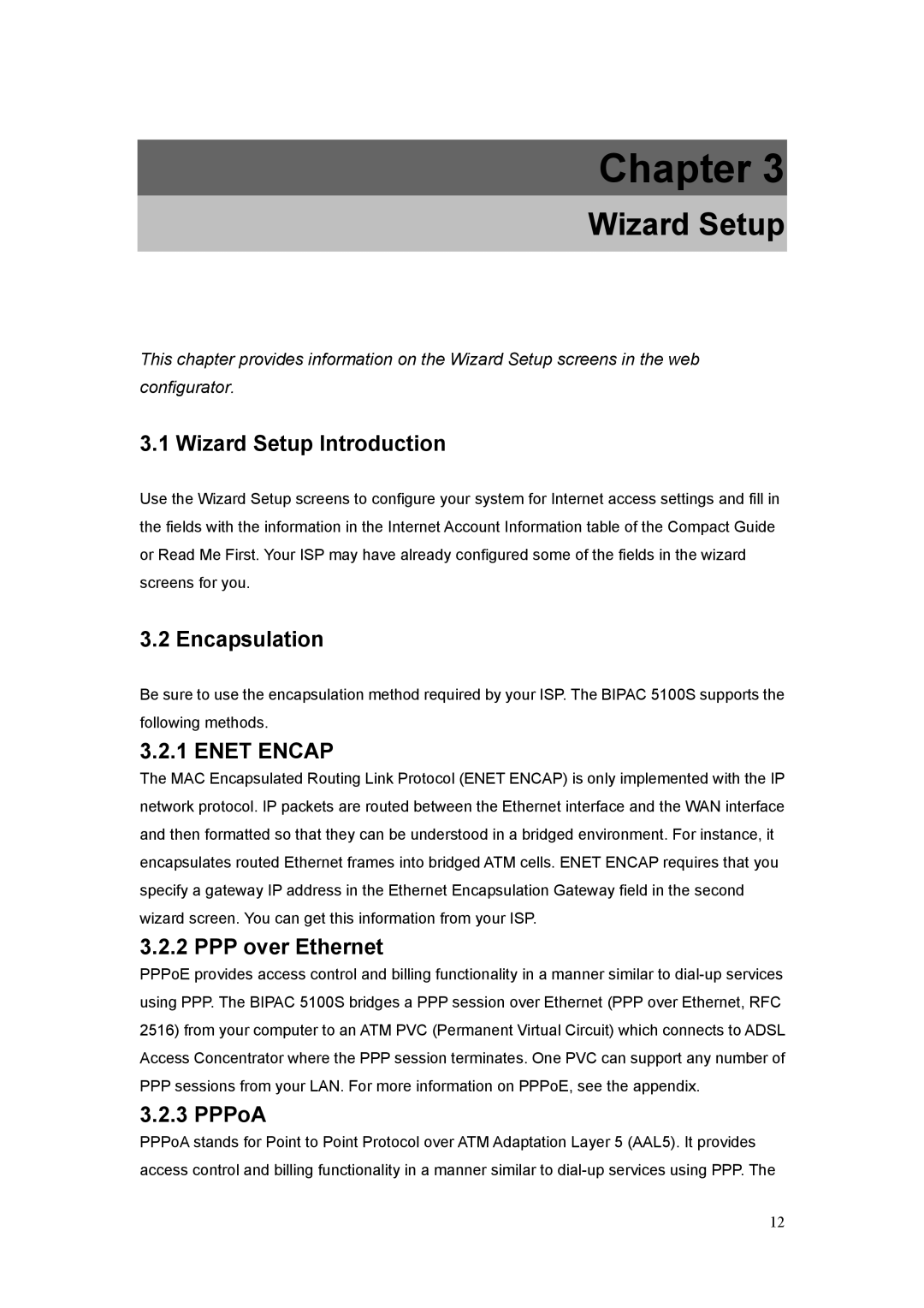 Billion Electric Company 5100S user manual Wizard Setup Introduction, Encapsulation, PPP over Ethernet, PPPoA 