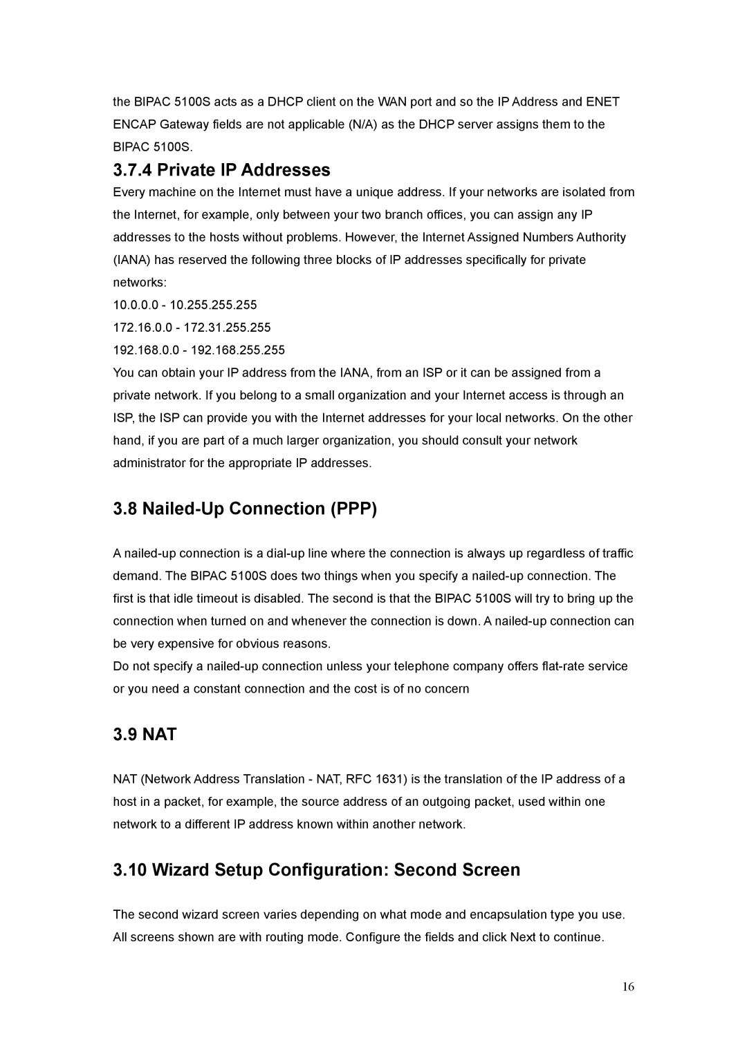 Billion Electric Company 5100S user manual Private IP Addresses, Nailed-Up Connection PPP, Nat 