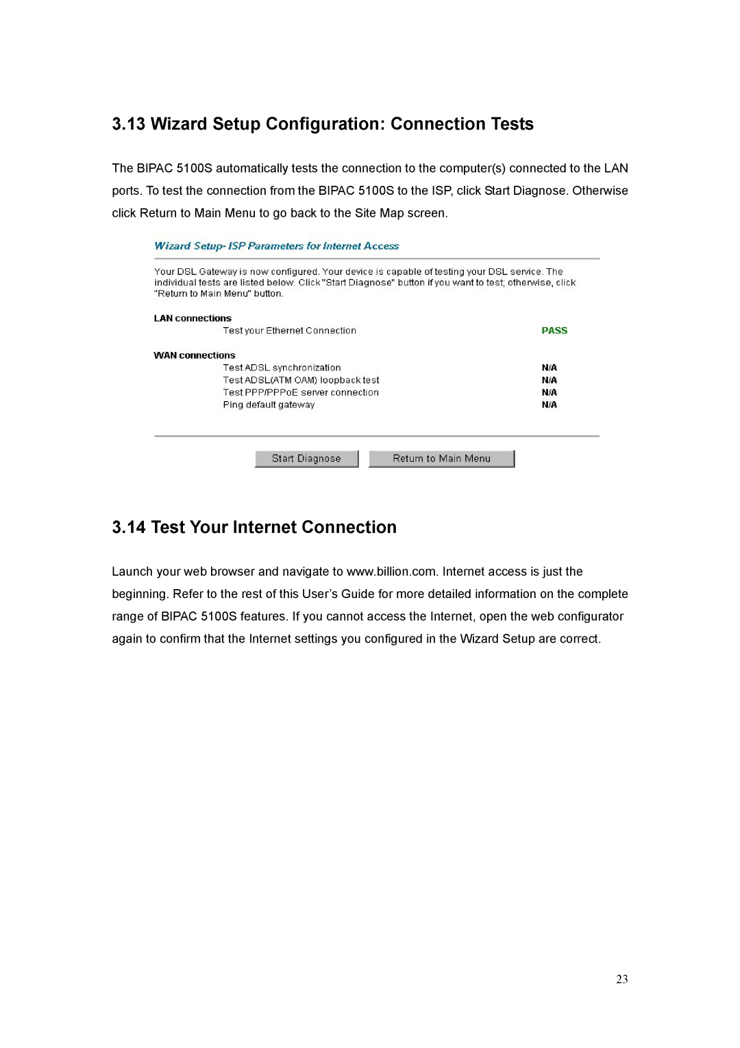 Billion Electric Company 5100S user manual Wizard Setup Configuration Connection Tests, Test Your Internet Connection 