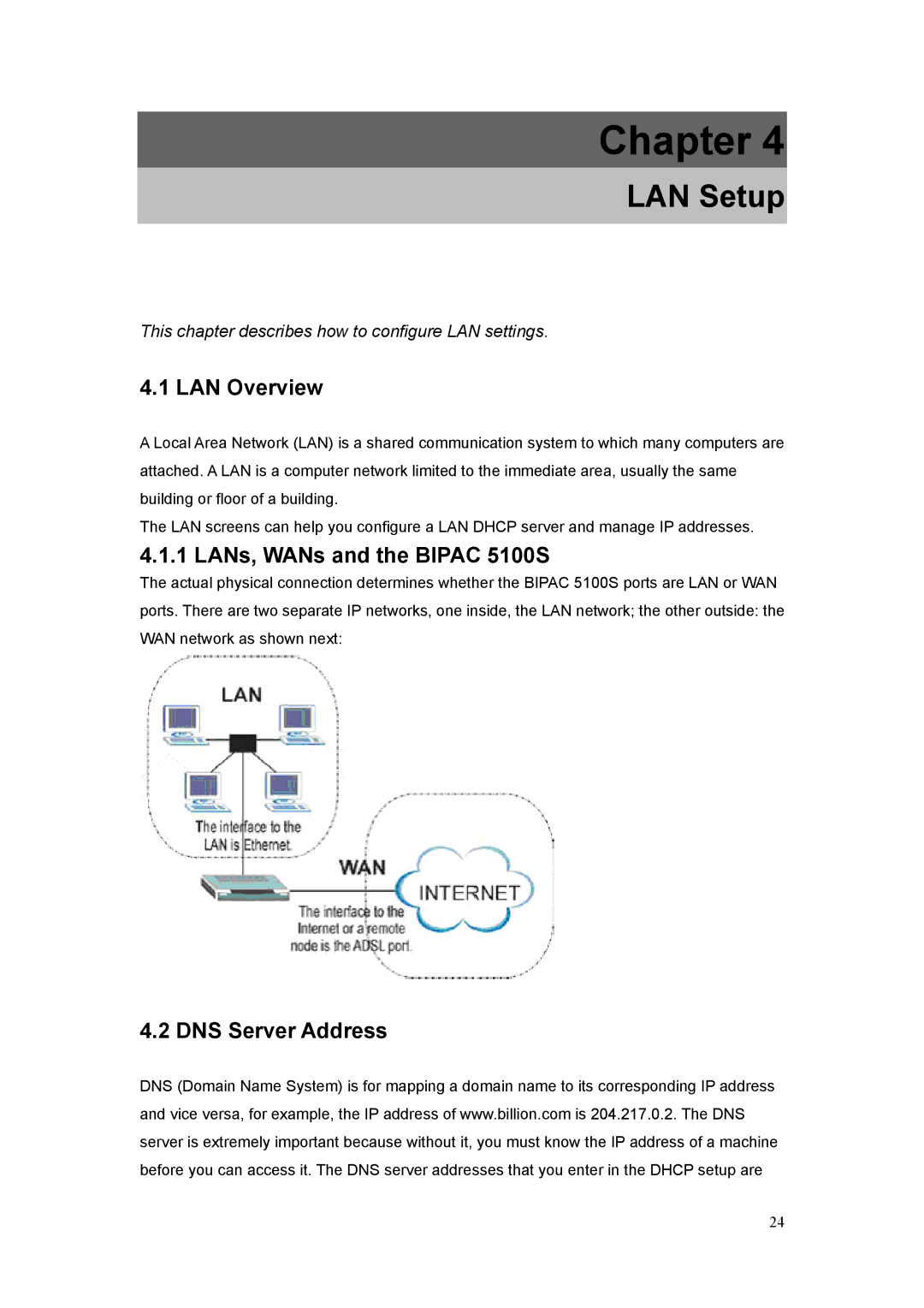 Billion Electric Company user manual LAN Setup, LAN Overview, LANs, WANs and the Bipac 5100S, DNS Server Address 