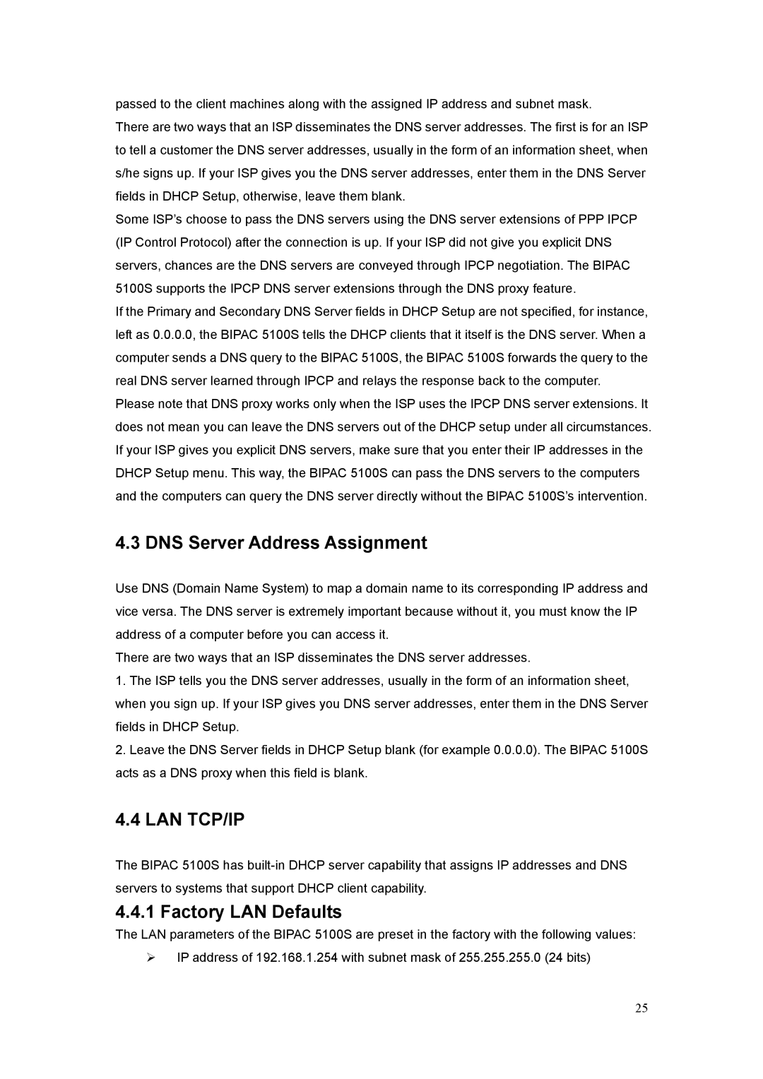 Billion Electric Company 5100S user manual DNS Server Address Assignment, Factory LAN Defaults 