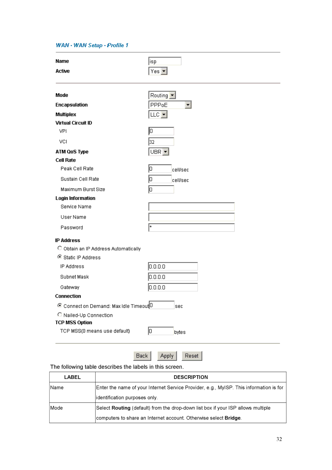 Billion Electric Company 5100S user manual Following table describes the labels in this screen 